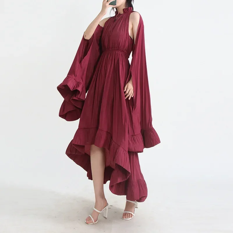 

Patchwork Ruffles Minimalist Dresses for Women V Neck Cloak Sleeve High Waist Irregular Dress Female Fashion Cosplay Costumes