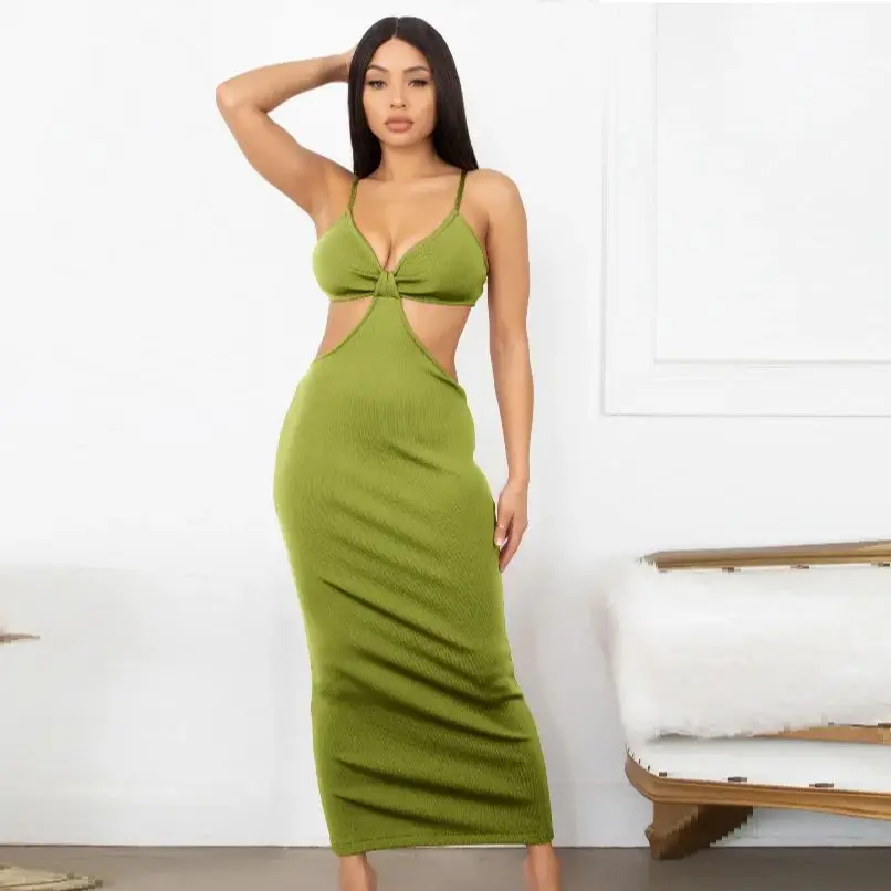 HQBORY elegante vestido largo verde militar con vendaje para mujer, vestido con abertura en la cerradura, sexy, con cuello en V, con lazo, para fiesta de noche, Vestidos tejidos ajustados