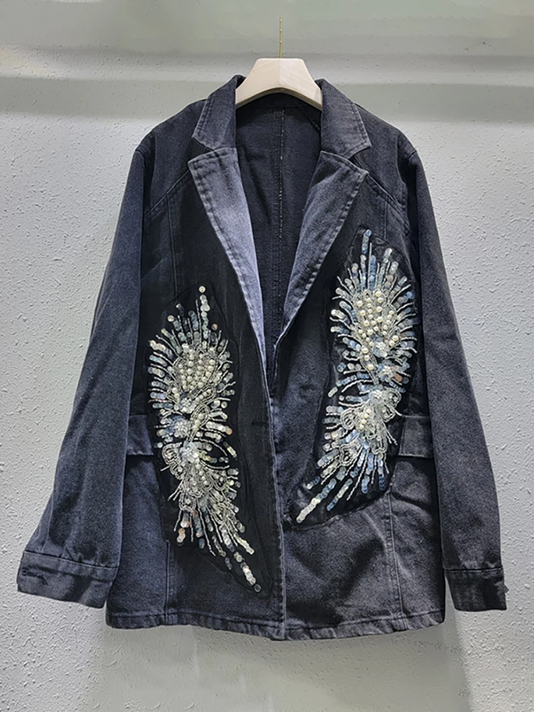 DEAT Blazer in Denim da donna Patchwork paillettes perline perle colletto dentellato giacche da abito nero 2024 autunno nuova moda 29 l8255