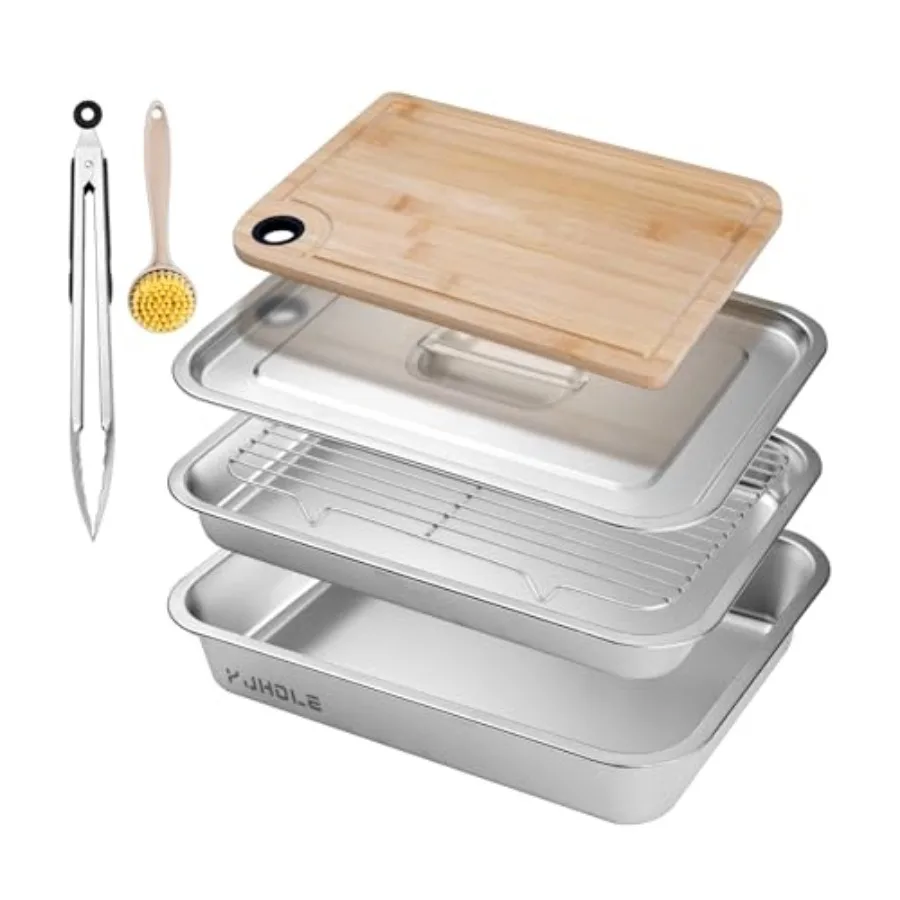 

Grilling Prep and Serve TraysStainless Steel Large Capacity Food Prep Trays with Lid Cutting Board Cooling Rack Food Tongs and