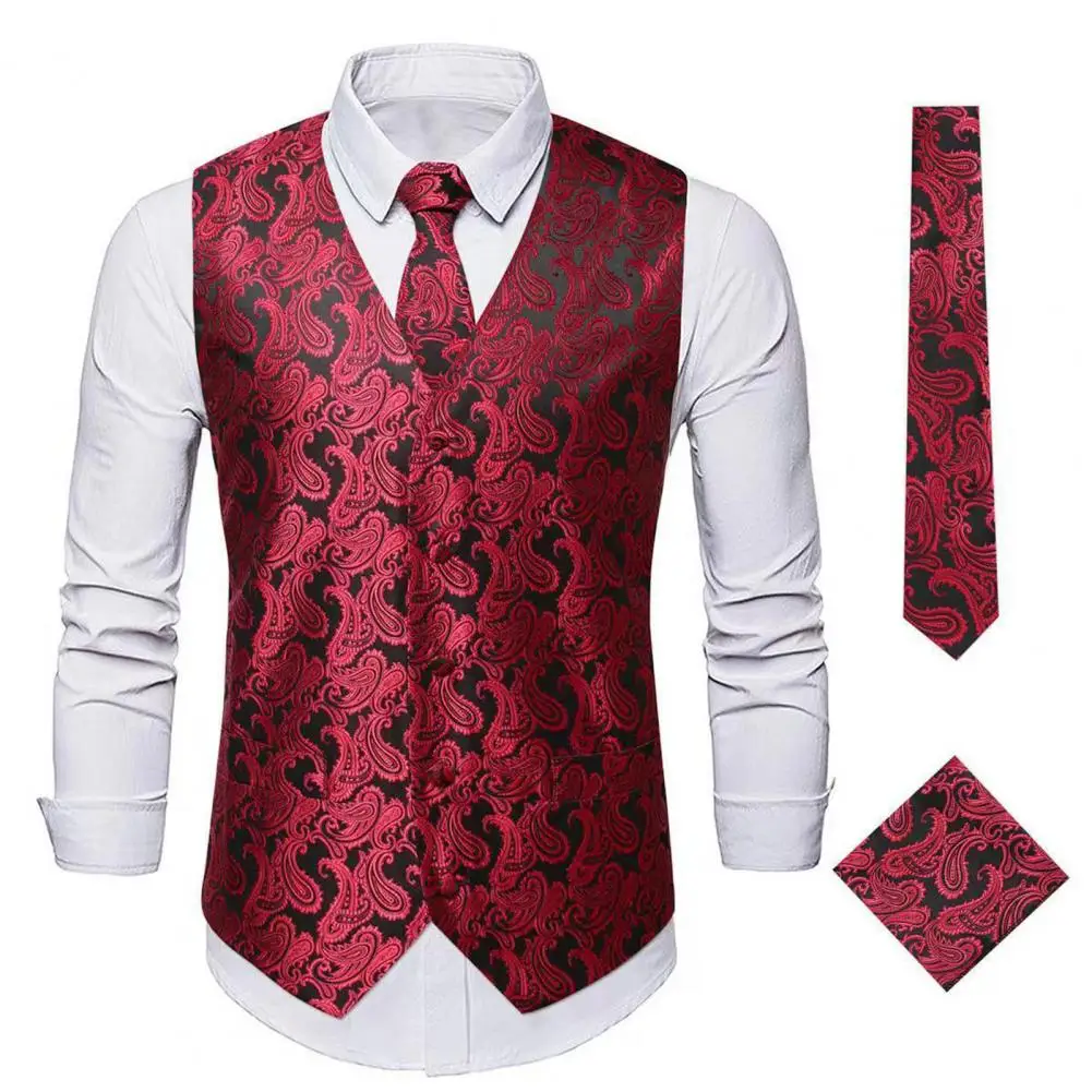 Men Party Vest Stylish Retro Groom Wedding Waistcoat with Printed V Neck Slim Fit Pocket Square for Men's Suit Vest