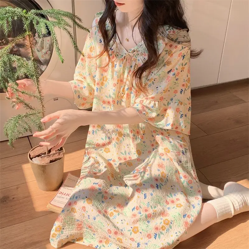 Summer Women Sleepwear Kawaii Nightgown Night Gown Print Short Sleeve Loungewear Loose Birthday Party Dresses Pajamas Japanese