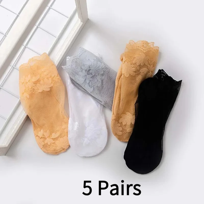 

5Pairs Women Socks Summer Breathable Elastic Ladies Thin Leaves Boat Sock Thin Transparent Lace Invisible Sox Lolita Sokken