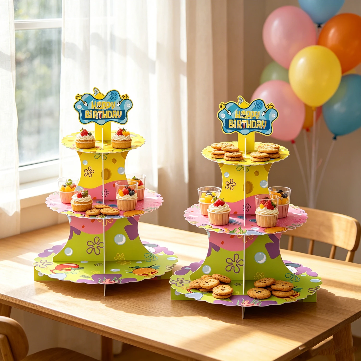 Yellow Birthday Cupcake Stand, a three-tier yellow-themed cupcake stand, suitable for birthday parties for children of all ages,