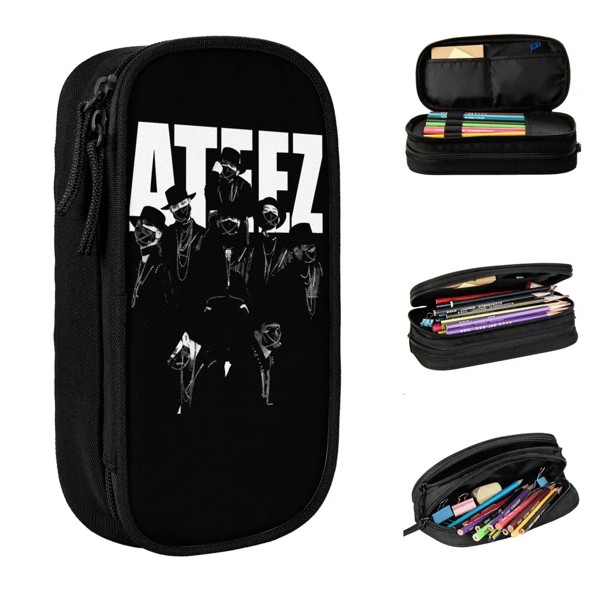 Trousse à crayons ATEEZ Music, grand modèle, sac à stylos classique, grand rangement pour étudiants, boîte à crayons cadeau de bureau