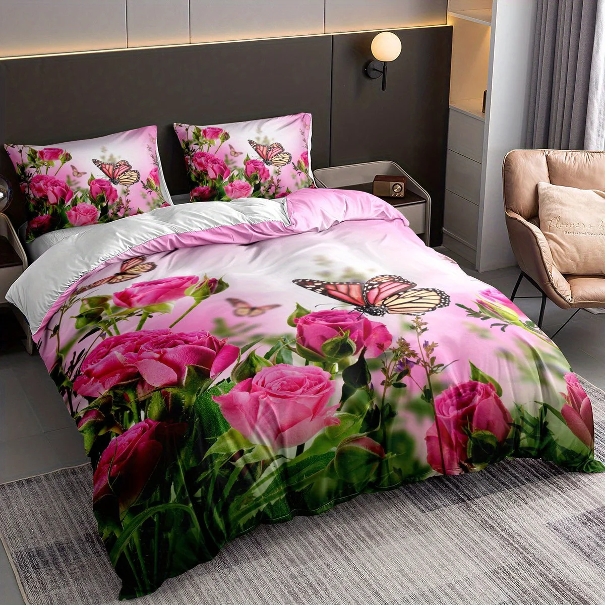 

Pink Rose Butterfly Duvet Cover Set Soft and Comfortable Bedding Set for Bedroom Includes 1 Duvet Cover and 2 Pillowcases