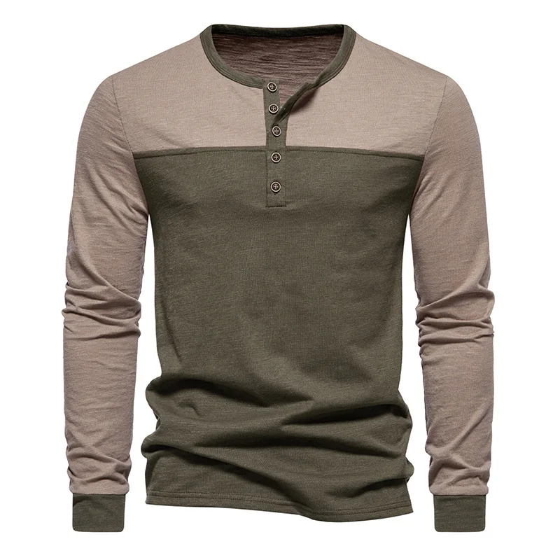 Hight Quality Cotton Henley T Shirt Men 2023 Brand Vintage Army Green Long Sleeve T Shirts Men Streetwear Casual Tops Blouses