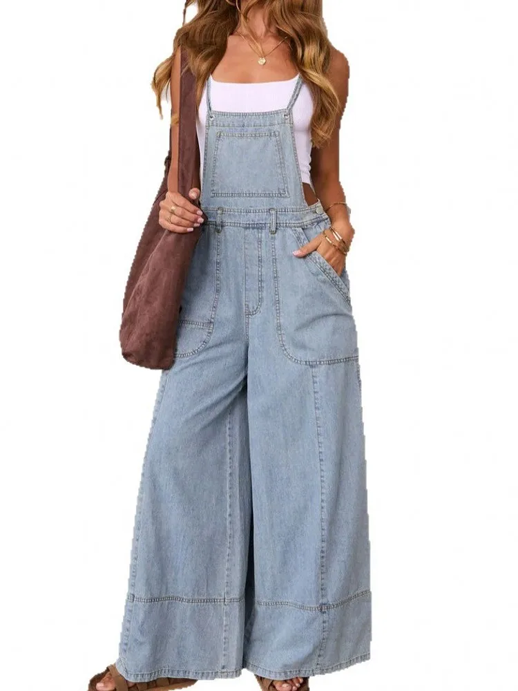 جمبسوت نسائي بجيوب من قماش الدنيم ثوب فضفاض عام جينز واسع الساق ملابس خروج ضيقة بدلة قفز عصرية غير رسمية للنساء 2026