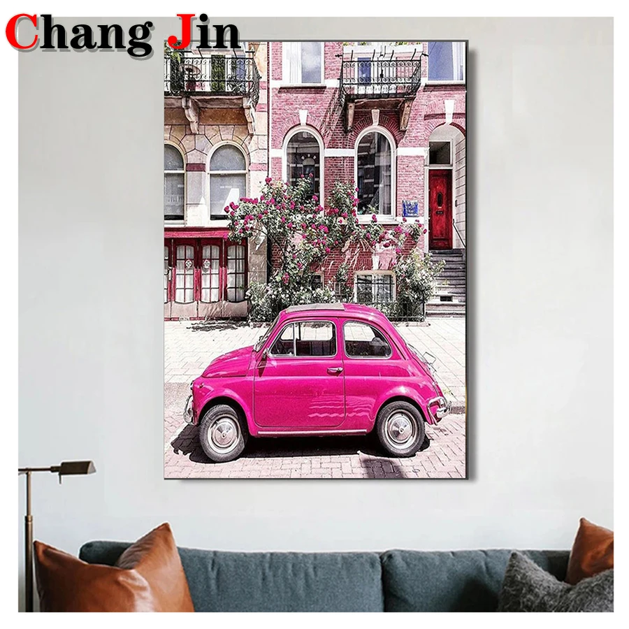 5D DIY Diamond Painting Pink Car Scenery Full Square Round Diamond Embroidery Diamond Mosaic Restore Ancient Ways Home Decor