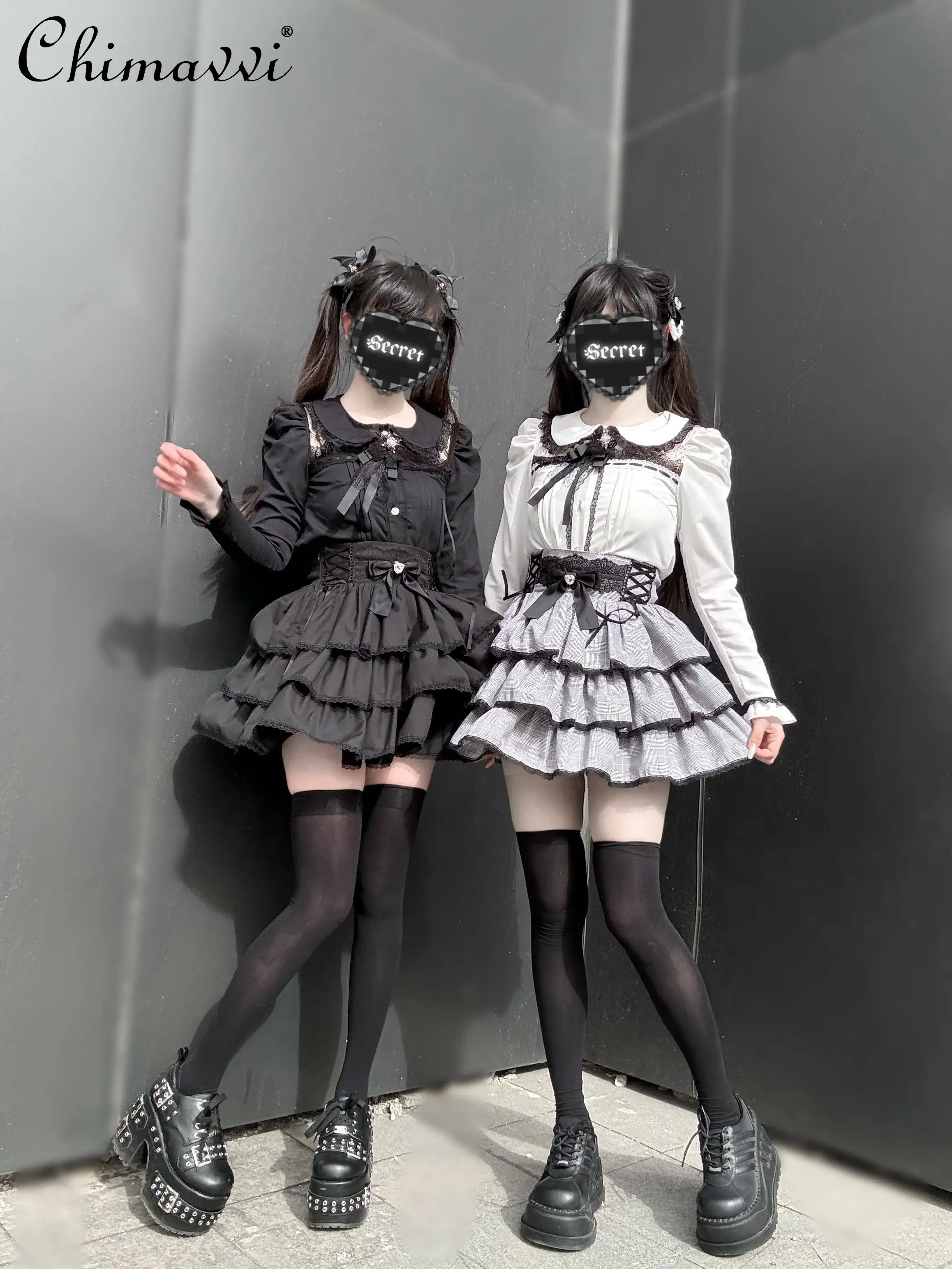

Original Japanese Mine Series Subculture Long-sleeved Shirt Tops High Waist Tutu Skirt Spring New Cute Girl Lolita Two-piece Set