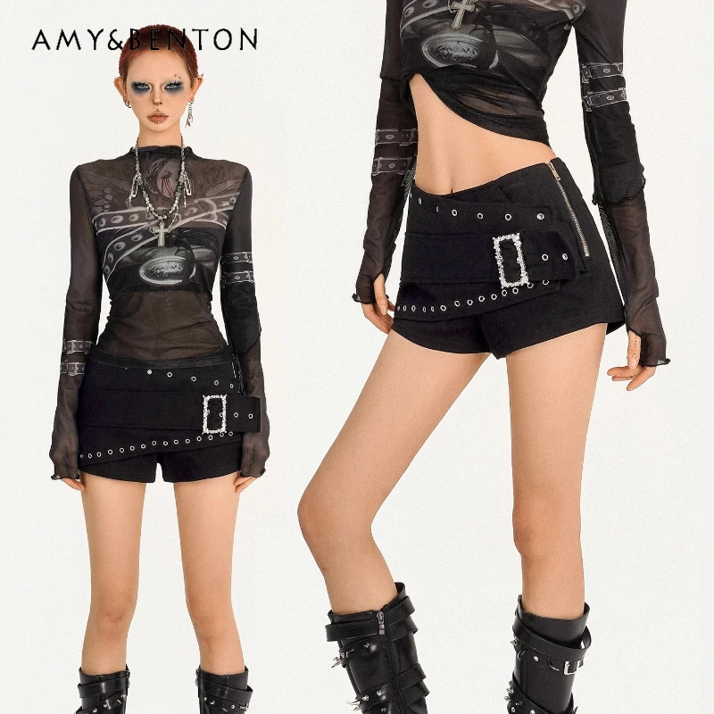 

Original Design Rivet Black Women's Hot Pants Punk Dark Style 2025 Autumn New Sweet Cool Sexy Low Waist Slimming Shorts Ladies