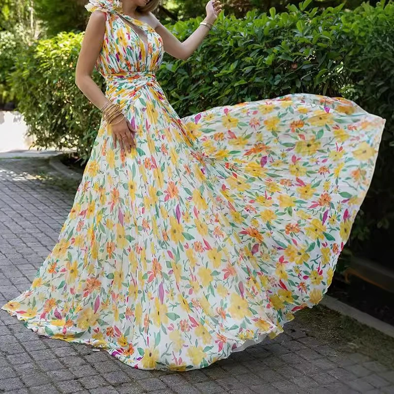 

Elegant Floral Printed Skew Collar Dress Fashion High Waisted Sleeveless Pleated Dresses Temperament Hollow Floor-length Dresses