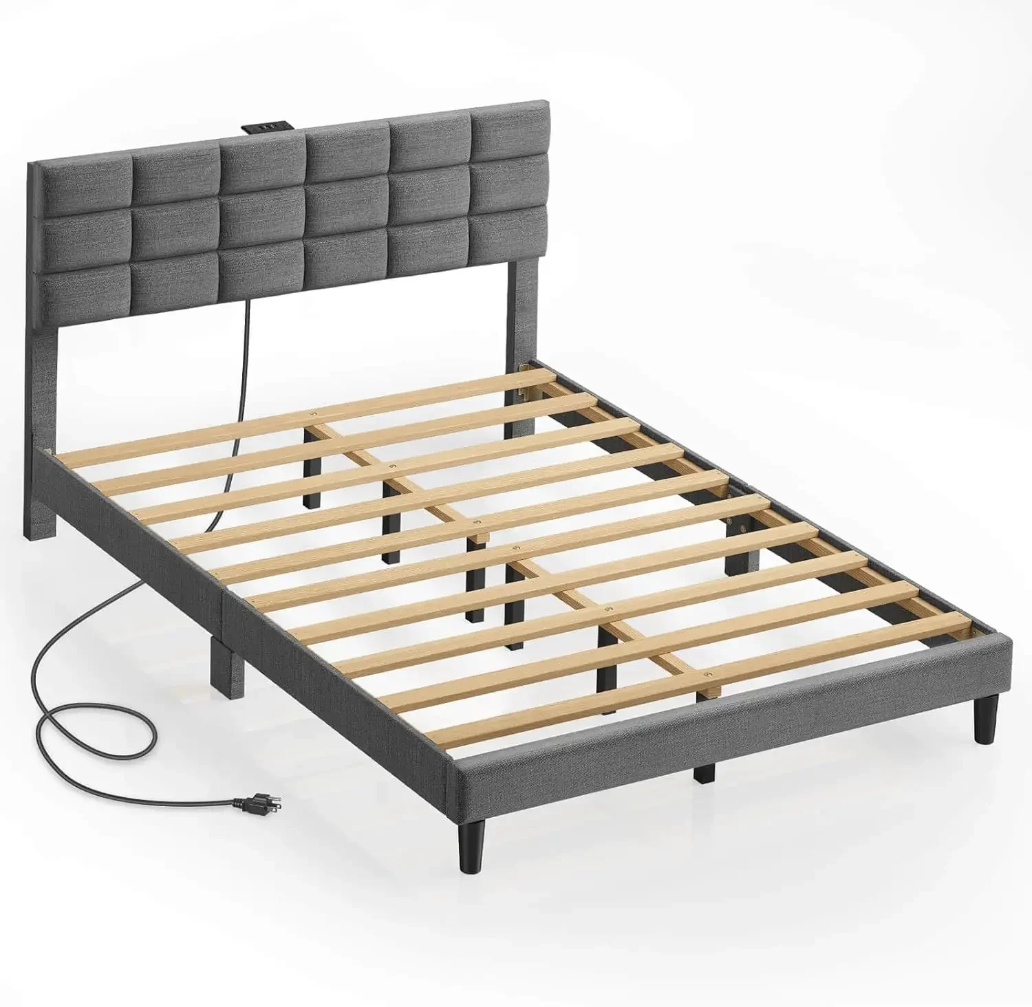 

Seventable Full Bed Frame with Charging Station and Storage Headboard, Upholstered Bed with Heavy Duty Wood Slats, No Box Sprin