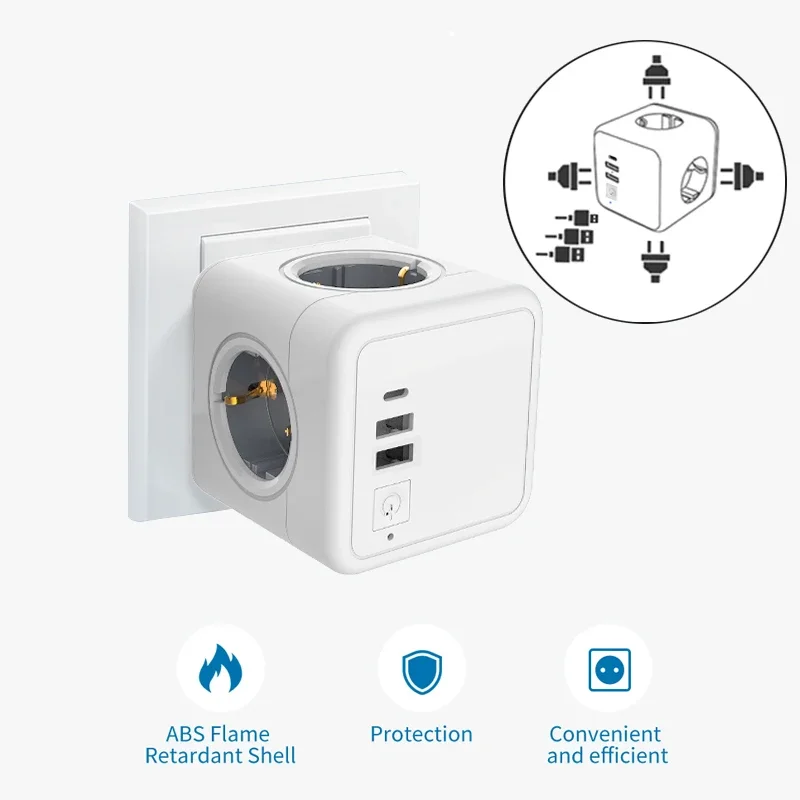 Massfa EU Plug 4 AC Outlets Multitap Socket Extension Electrical Power Strip with USB Type C Network Filter Adapter Smart Home