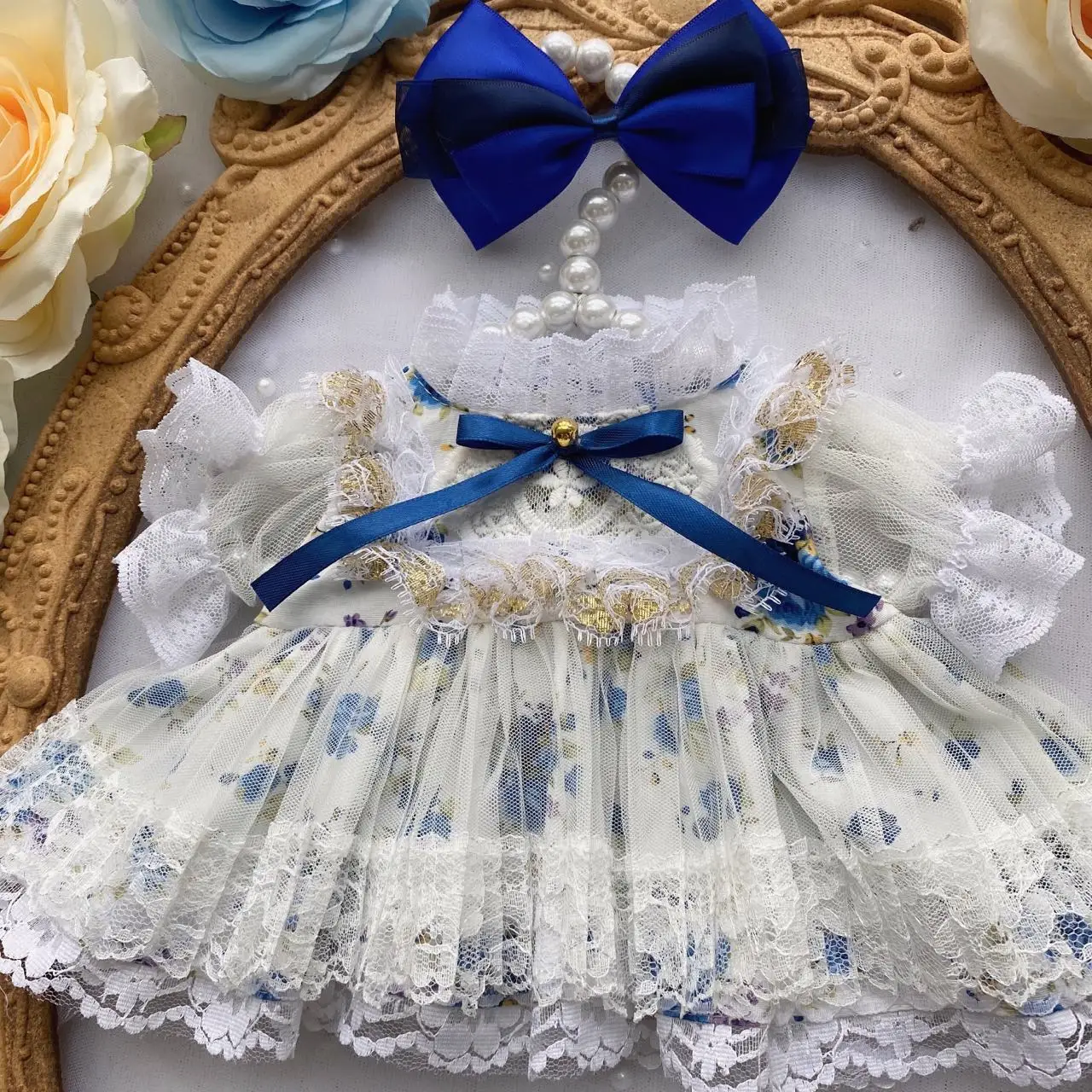 Feito à mão 2pc 15/20/40cm boneca roupas azul arco vestido de renda floral kpop bonecas de pelúcia roupa brinquedos do bebê boneca acessórios cos terno