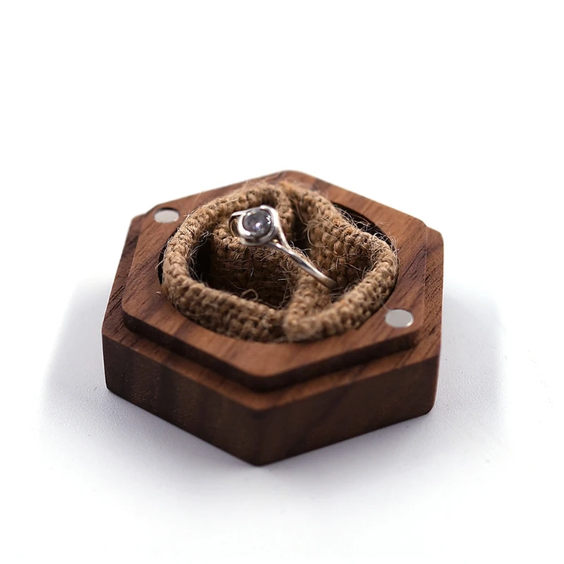 Black Walnut Wooden Engagement Ring Box Solid Hexagon Shaped Ring