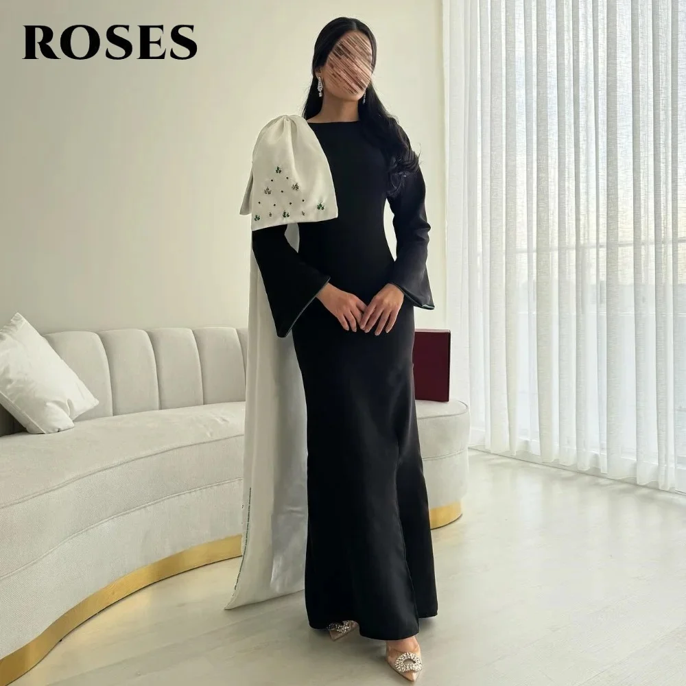 

ROSES Black Mermaid Prom Dress with Cape Celebrity Dress Satin Gala Party Dress with Pleats Beaded and Regular Sleeve Customized