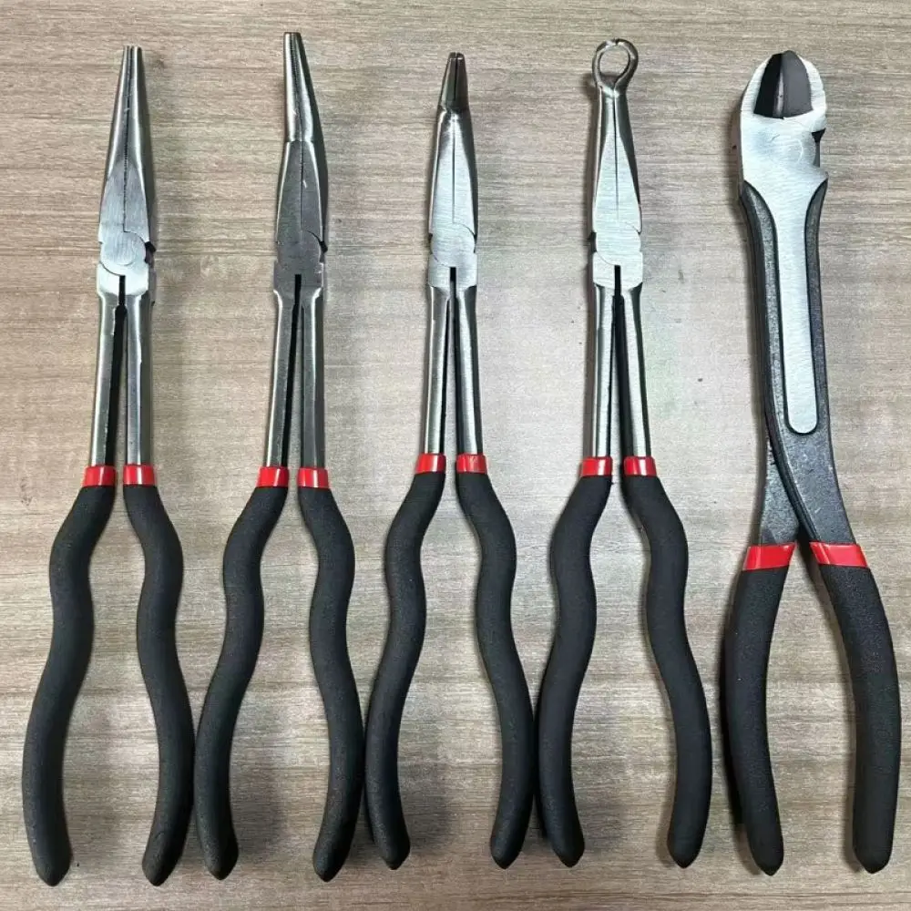 11 Inch Long Reach Pliers Kit Professional Needle Nose Bent Tip Multi Angle Hand Tool For Automotive Repair Work
