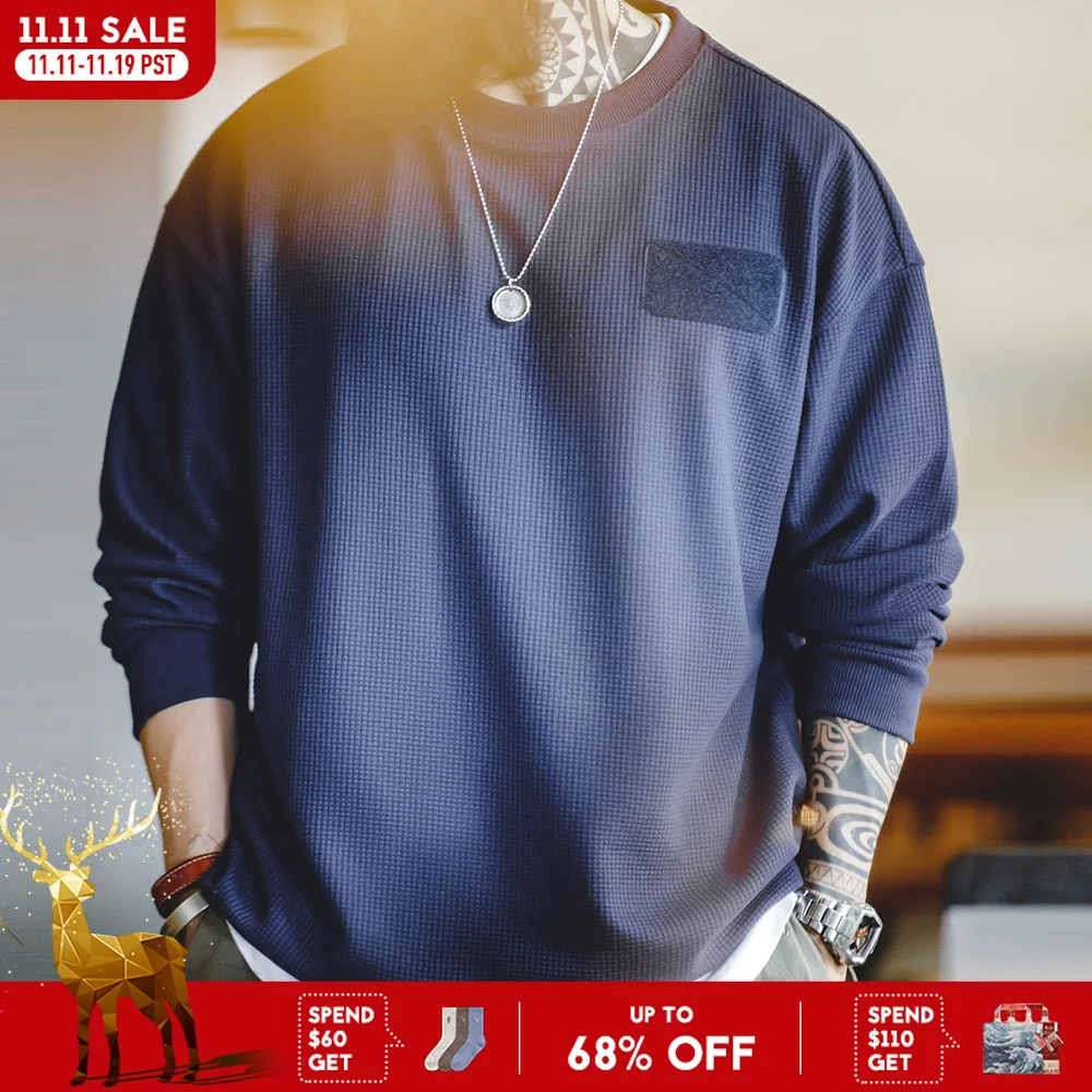 

Maden Мужская футболка с длинными рукавами и опущенными плечами вафельная ткань круглый вырез повседневный универсальный свитер для весны и осени мягкая удобная однотонная футболка