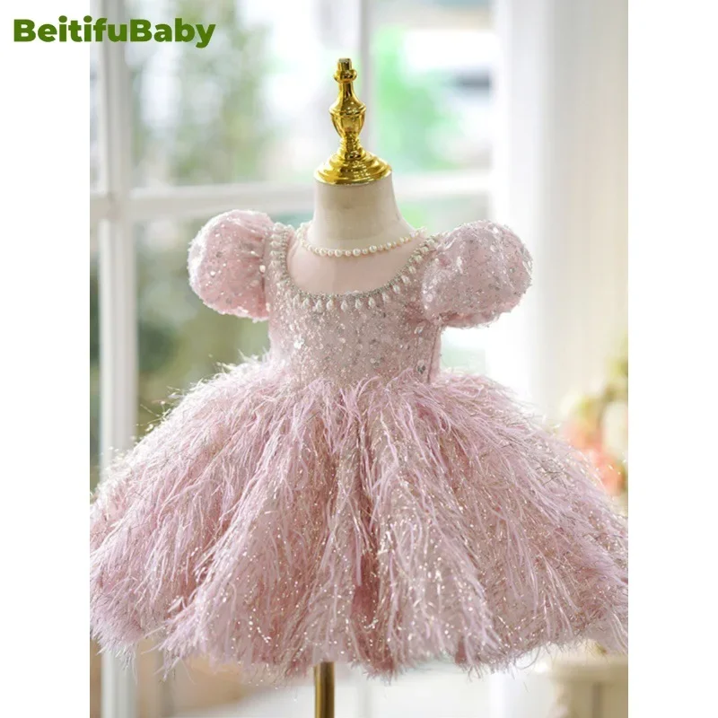 BeitifuBaby vestido de flores Retro Para niña, falda de plumas de perlas de manga corta, vestido de baile, banquete de boda, vestido de fiesta para niños, moda