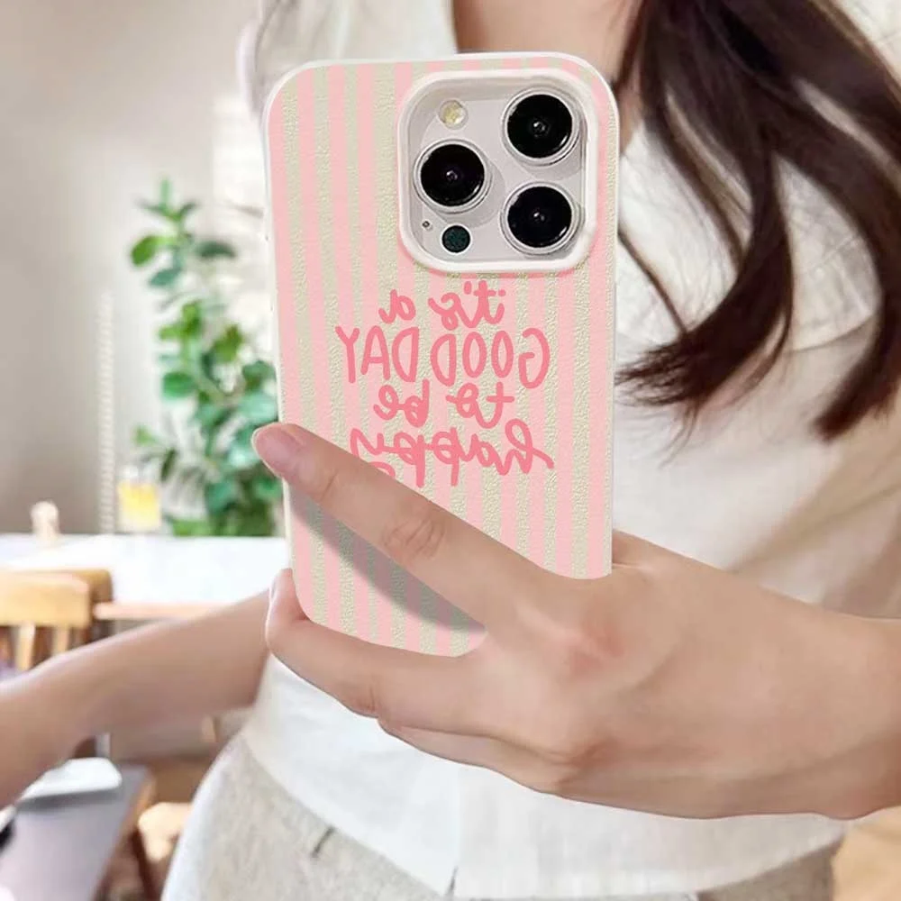 Rosa-Weiß Gestreifter Buchstabendruck Handyhülle für iPhone 17 16 15 14 13 12 11 Pro Max Plus X XR Silikon Matt Stoßfeste Hülle – Detail 7