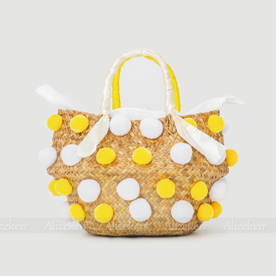 Round Pompoms Straw Bucket Bags For Women Summer Handmade Woven Large Nature Rattan Beach Purse And Handbag Holiday High Quality