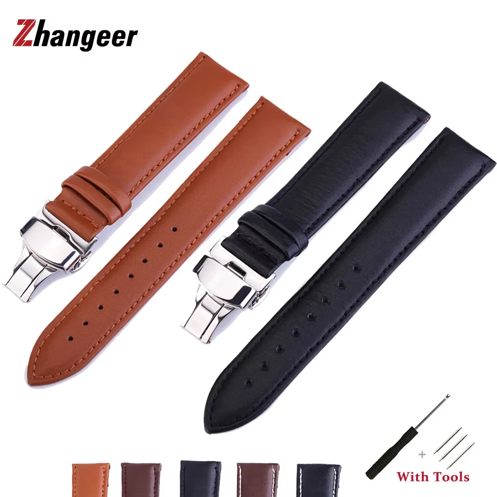 

Genuine Leather Watchband 12 14 16 18 19 20 22 24mm With Double Press Butterfly buckle Plain weave Strap Accessories Belt