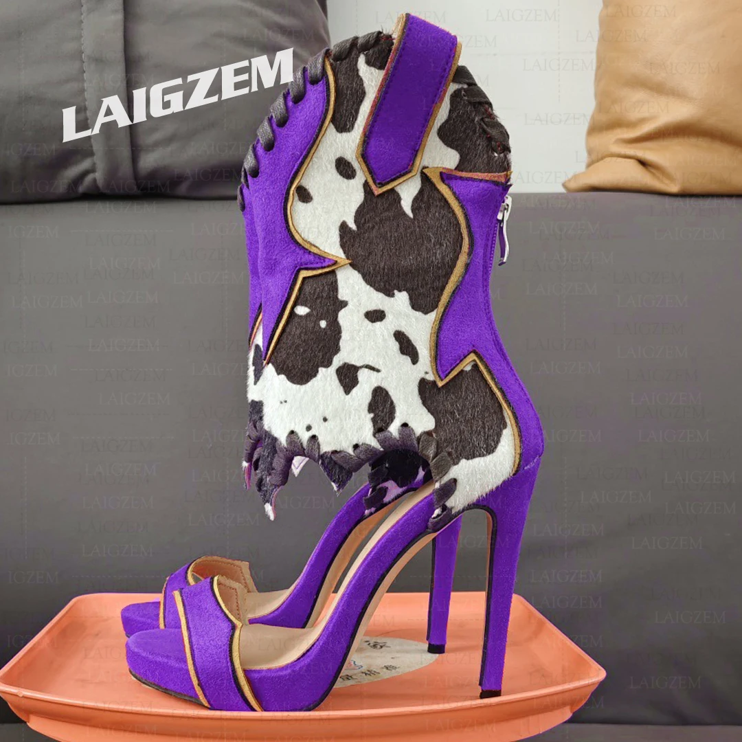 LAIGZEM Women Sandals Patchwork Peep Toe Faux Suede Thin High Heels Pumps Ladies Back Zipper Shoes Woman Plus Size 39 41 44 47