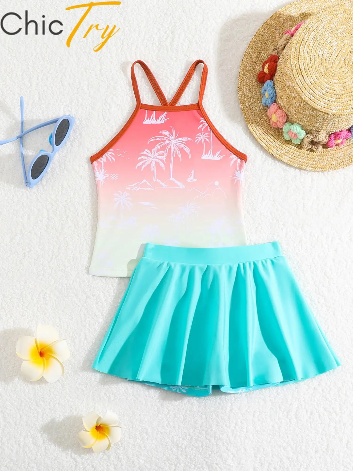 

Kids Girls Printed Swimsuit Set Bikini Adjustable Straps Top and Ruffled Skirt with Shorts for Swimming Bathing Summer Holiday