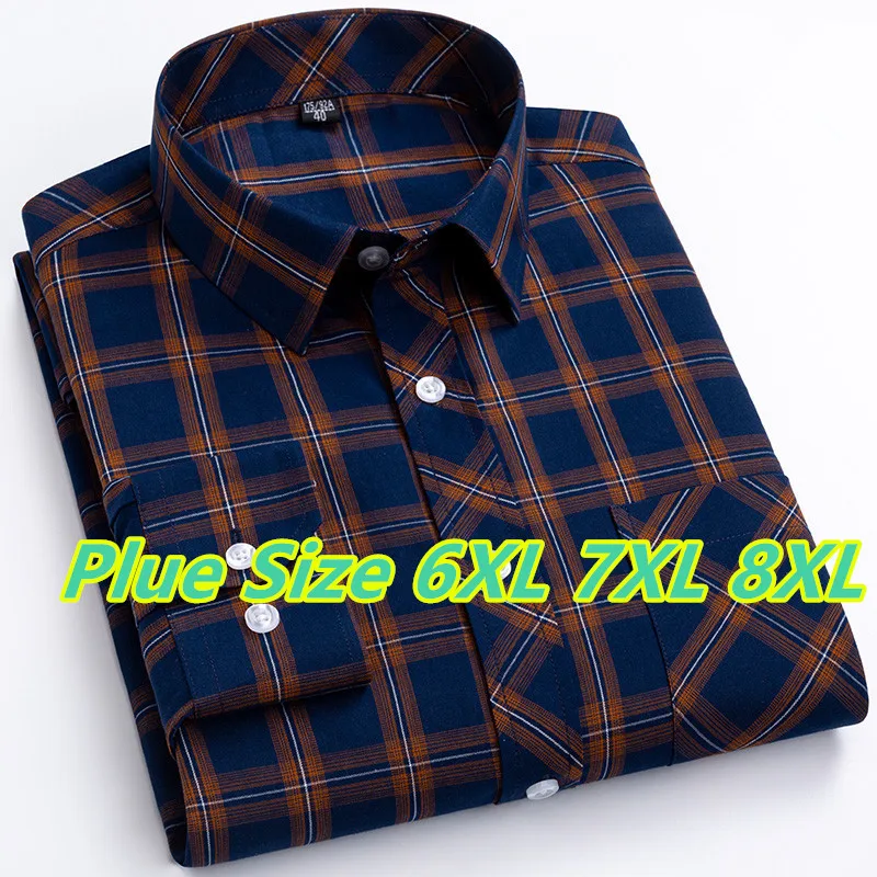 

Plus Size 6XL-7XL-8XL Mens Plaid Shirt Long Sleeve Autumn Spring High Quality Casual Soft Thin 100% Cotton Business Check Clothe