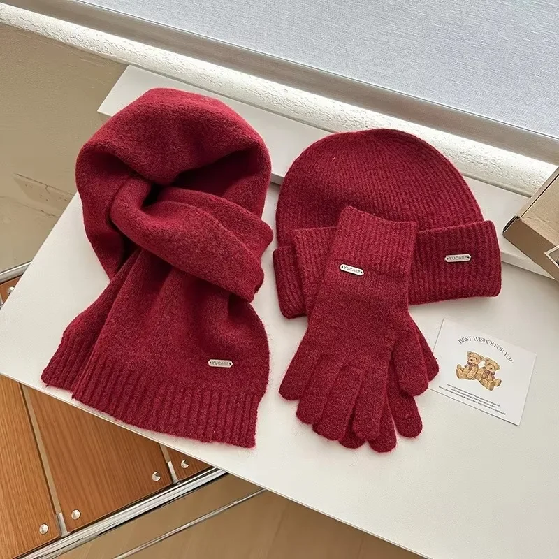 3PCS Include Hats Gloves Scarves  Solid Color Knitted Thick Scarf Women's Warm Hat Gloves Cold Resistant Warm Soft Scarf Couple