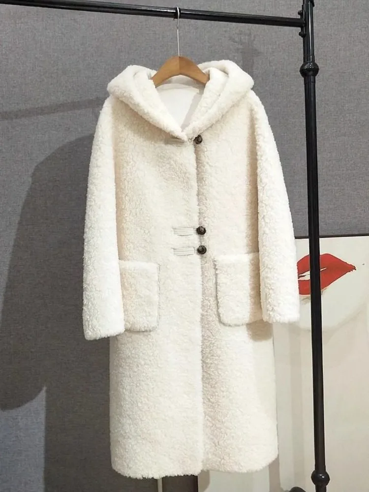 Inverno casual moda feminina casaco de lã com capuz cor sólida quente solto ajuste único breasted moda senhora ovelhas tosquia jaqueta longa
