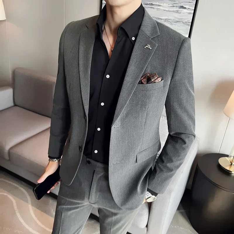 High Quality Luxury Men's Slim Fit Suit Formal Business Office 2-piece Set Black Gray（Jacket +Pants）Groom Wedding Suit 6XL 7XL