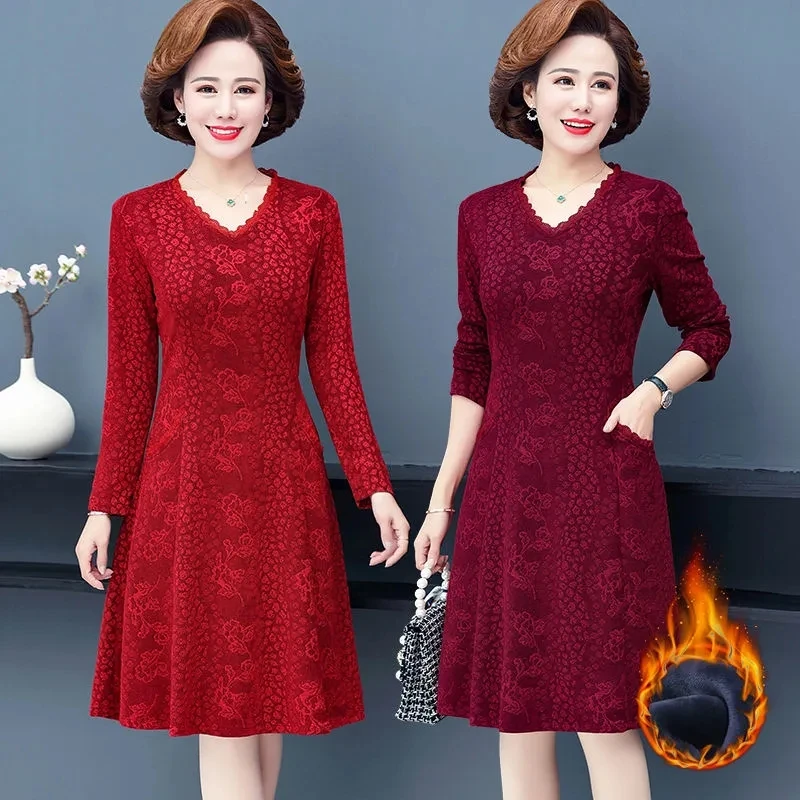 

Middle Aged Mother Long Sleeve Dress Spring Autumn V-Neck Bottoming A-word Elegant Dress Women Winter Sexy Vestidos XL-5XL