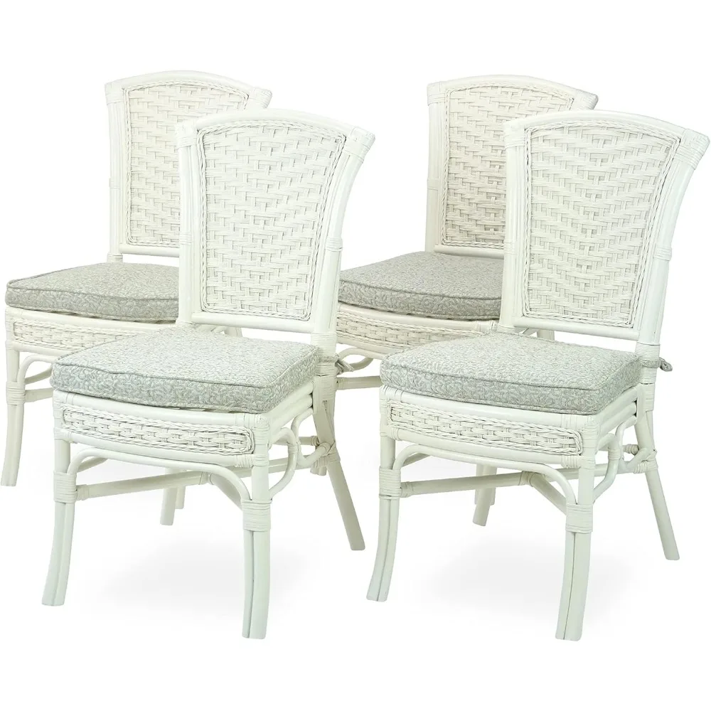 

Wickerix Set of 4 Alexa Dining Side Chairs White Color Natural Rattan Wicker Handmade Design with Cushion