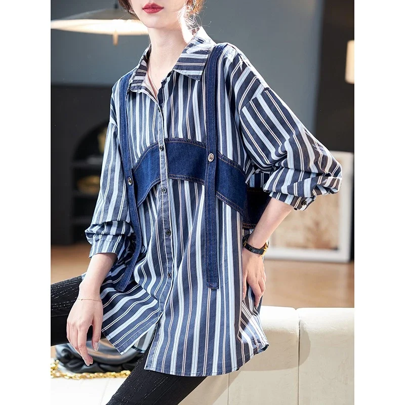 เสื้อผ้าผู้หญิง แฟชั่นฤดูใบไม้ผลิและฤดูใบไม้ร่วง เรียบง่าย ทันสมัย ติดกระดุม ตัดสี คอปกโปโล เสื้อผู้หญิง แมทช์ได้กับทุกชุด แขนยาว