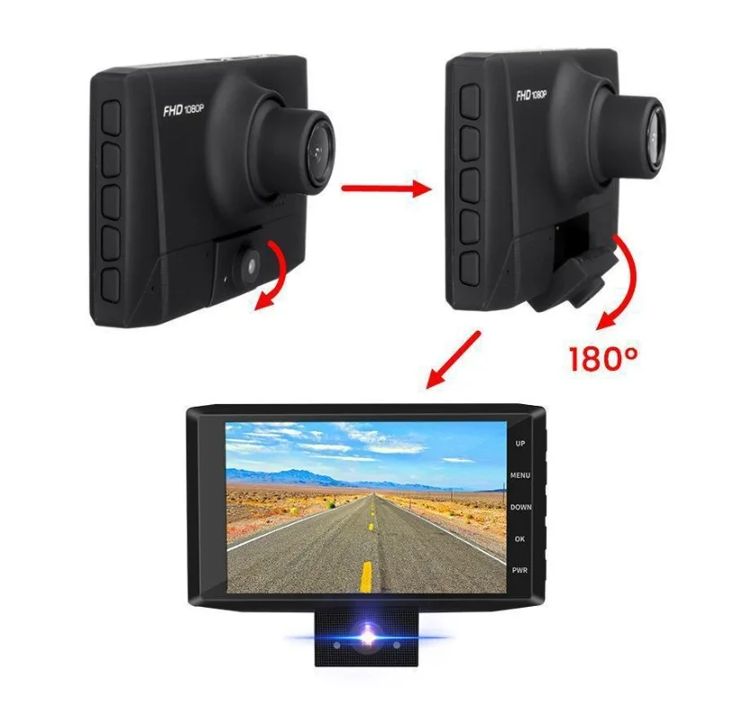 4.0 Inch Triple Lens Dash Cam Front and Rear Inside, 1080P Full HD 3-Channel Car Recorder with Reverse Camera & Parking Monitor