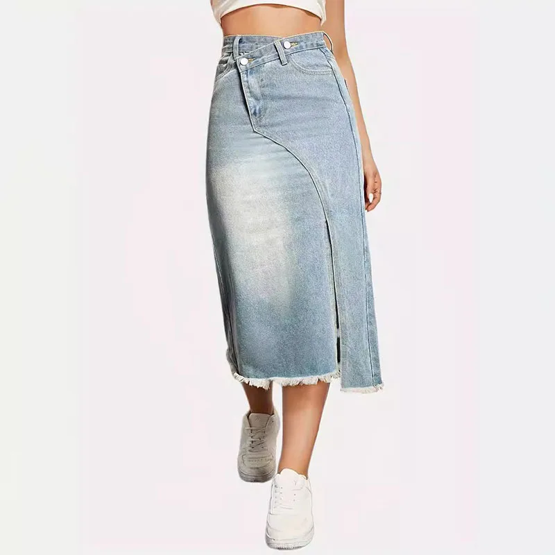 DongCMY Luxury Fashion Spring And Summer New Retro Denim Skirt Women's Fashion Slit Splicing Mid-length A-line Skirt
