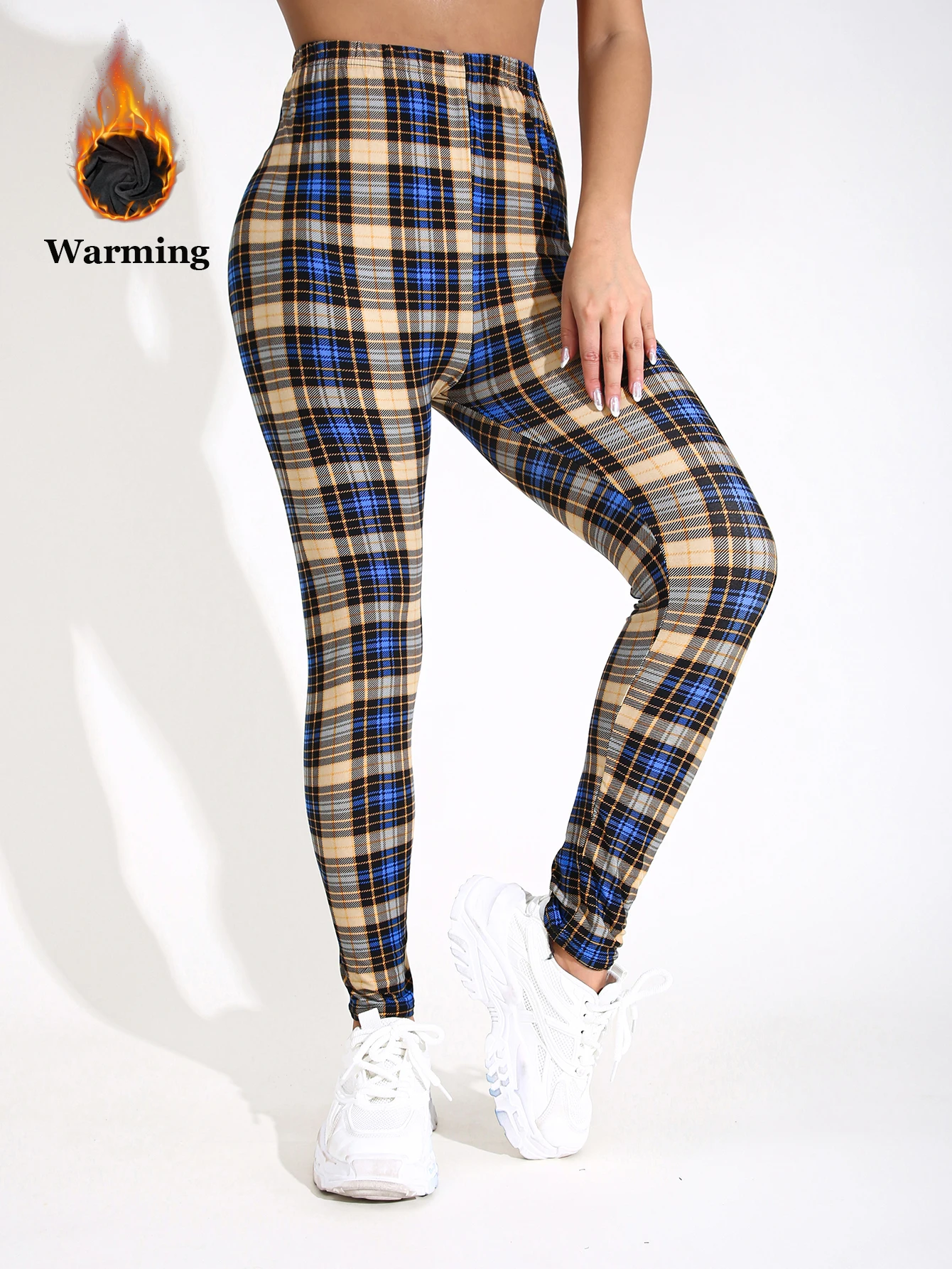 Autumn Winter 1PACK Women's Blue Checkered Plush Thick Sexy Tight Legging Casual Sports Elegant Fitness Yoga Pants