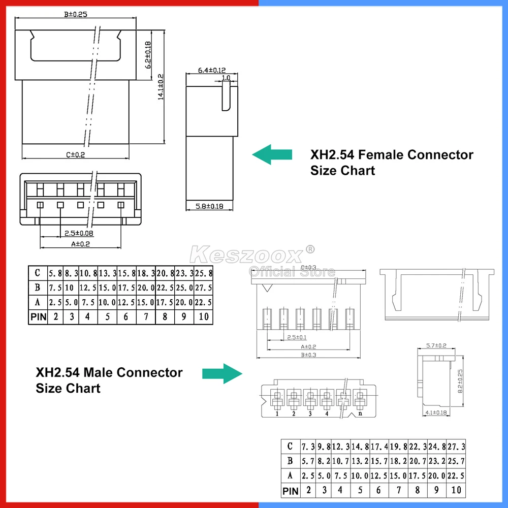 Extension JST 2.5MM XH2.54 XHP 2/3/4/5/6/7/8/9/10P Male Female Connector with 10-100cm 22AWG  Wire