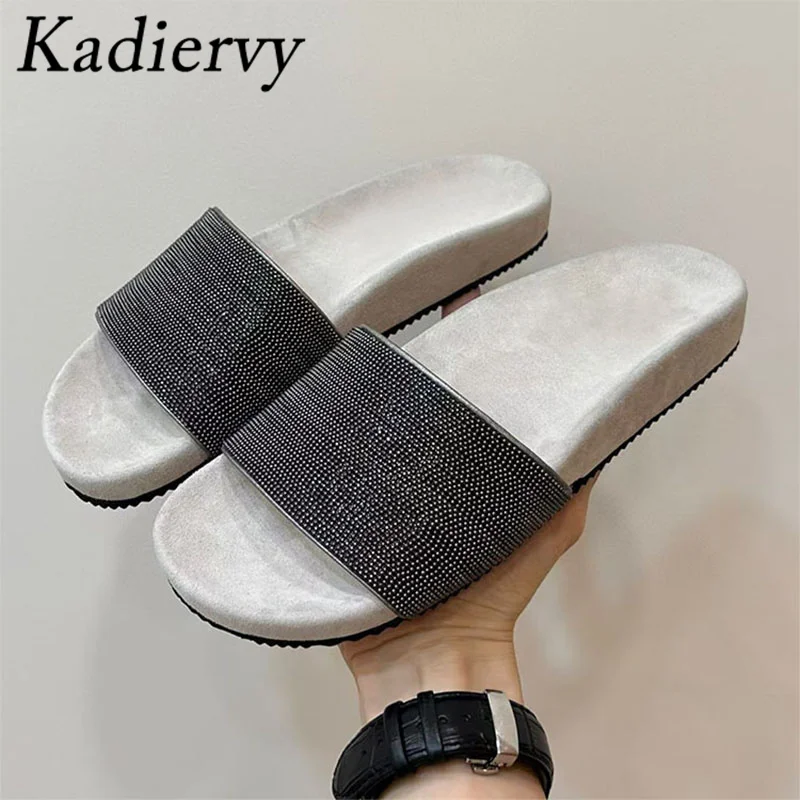 Summer Slippers Women String Bead Chain Suede Leather Mules Shoes Women Peep Toe Slides Casual Comfort Flat Slippers Woman