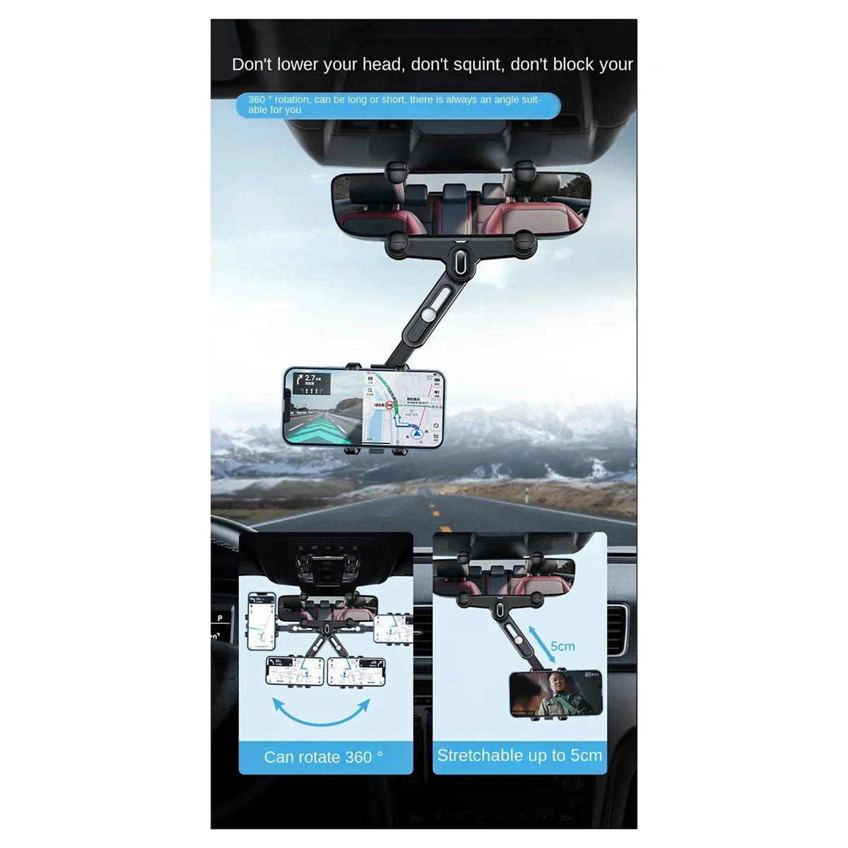 Universal Car Rearview Mirror Phone Holder 360 Degree Rotation Car Phone Holder Stand Dash Cam GPS Smartphone Bracket