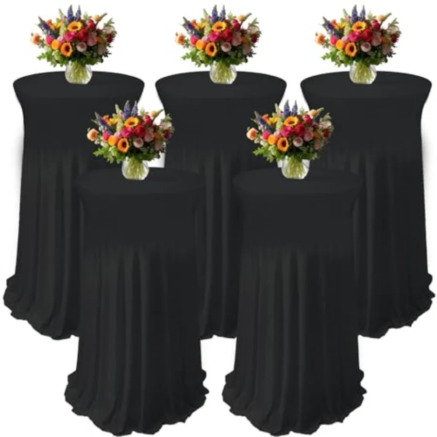 

Набор из 5 круглых скатертей для коктейльных столов из спандекса, 32 x 43 дюйма, черные, эластичные, с натуральной волнистой оборкой, облегающие.