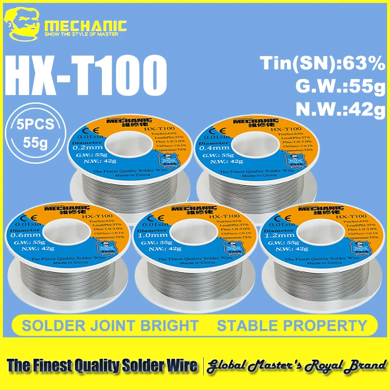 

MECHANIC 5Pcs/Lot HX-T100 55g Soldering Wire Mild Rosin Core 0.3mm 0.4mm 0.5mm 0.6mm 0.8mm 1mm 1.2mm For iPhone Repair Tools