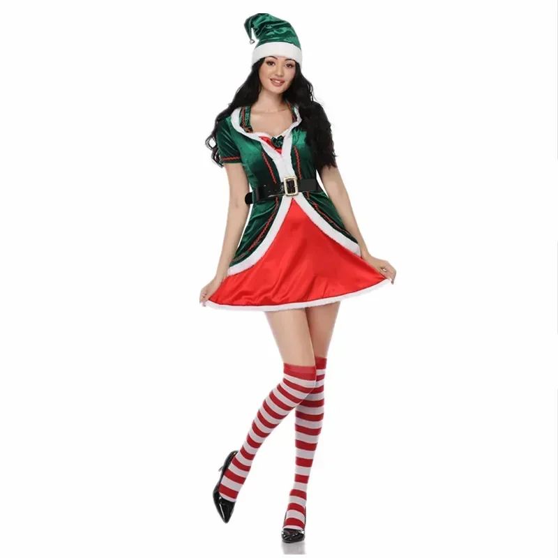 Women Sexy Green Elf Christmas Costume Festival Santa Clause for Girls New Year Clothing Fancy Dress Xmas Party Dress