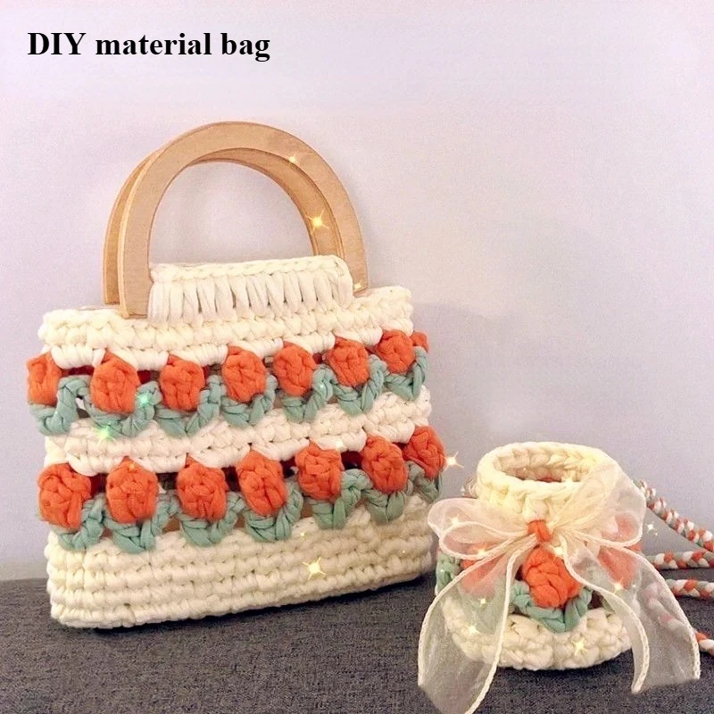 

Wooden Handle Handbag DIY Material Yarn, Tulip Cloth Strip Yarn, Hand Woven Gift Bag, Girlfriend Birthday Gift Crochet Thread