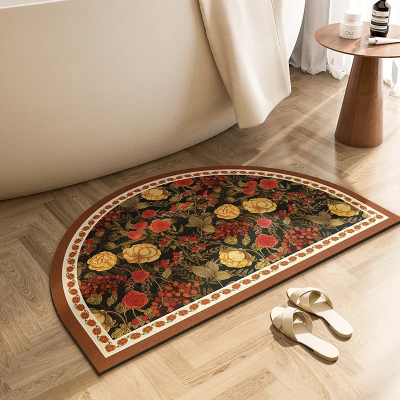 Boho Dark Floral Half Round Rug Non slip Washable Antique Rose Semicircle Mat For Decor