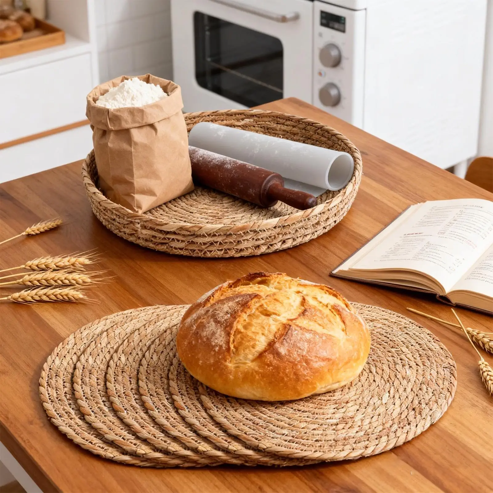 6pcs Round Woven Placemats Set Boho Rattan Placemat Natural Placemats 30cm Farmhouse Weave Straw Braided Table Dinner Mat