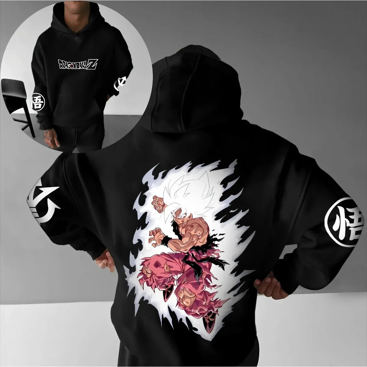دراغون بول تريند انفجار جوكو سوبر سايان الله هوديي أسود أبيض الظهر طباعة اليابانية كم نص الشارع الشهير عادية تأثيري #2