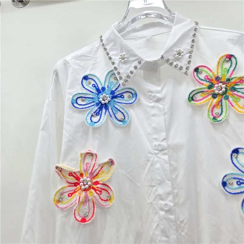 HKSH ฤดูใบไม้ร่วงใหม่ผู้หญิงเสื้อสามมิติสีสันถักดอกไม้เพชร Beaded Single Breasted Casual Trendy Tops HK10387